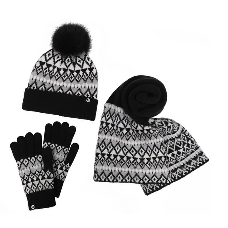 Conjunto de 3 guantes y bufanda de punto con estampado de diamantes unisex cómodos