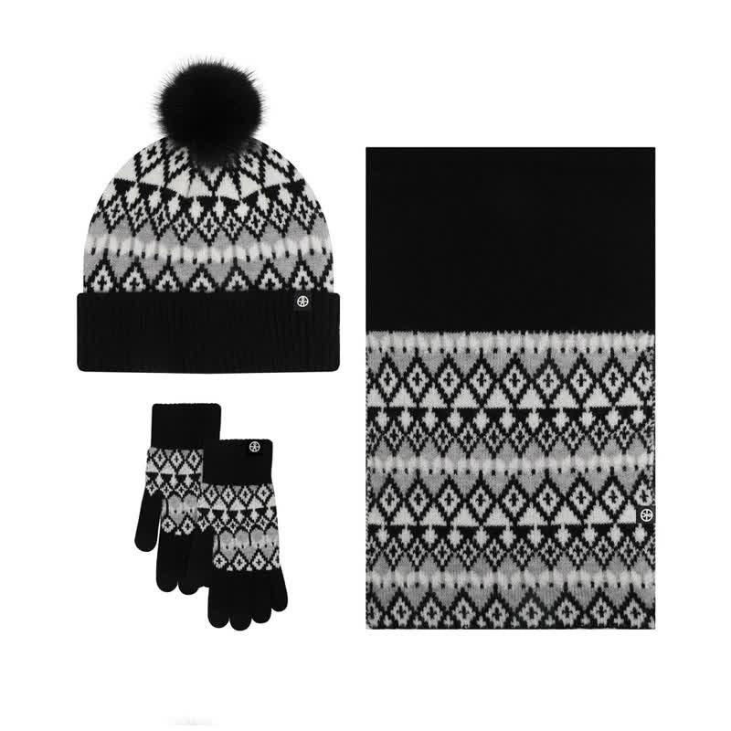 Conjunto de 3 guantes y bufanda de punto con estampado de diamantes unisex cómodos