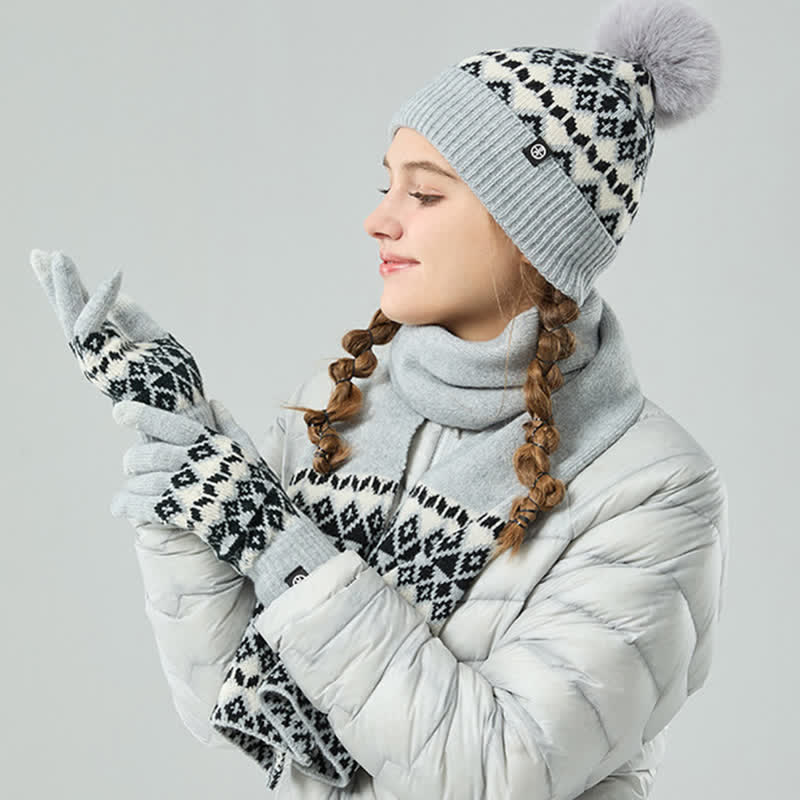 Conjunto de 3 guantes y bufanda de punto con estampado de diamantes unisex cómodos