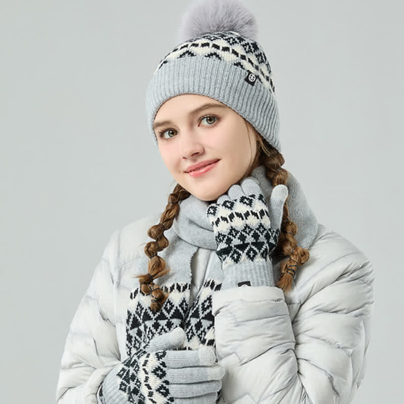 Conjunto de 3 guantes y bufanda de punto con estampado de diamantes unisex cómodos