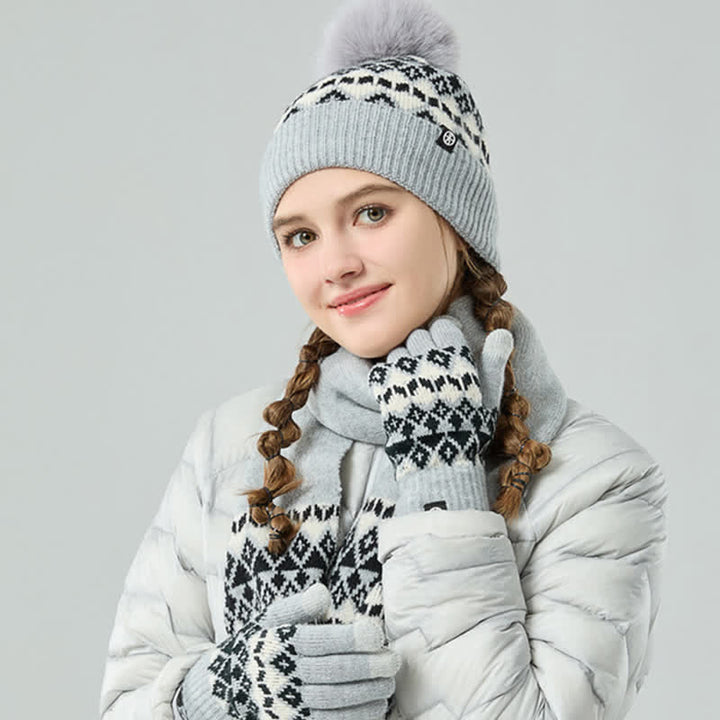 Conjunto de 3 guantes y bufanda de punto con estampado de diamantes unisex cómodos