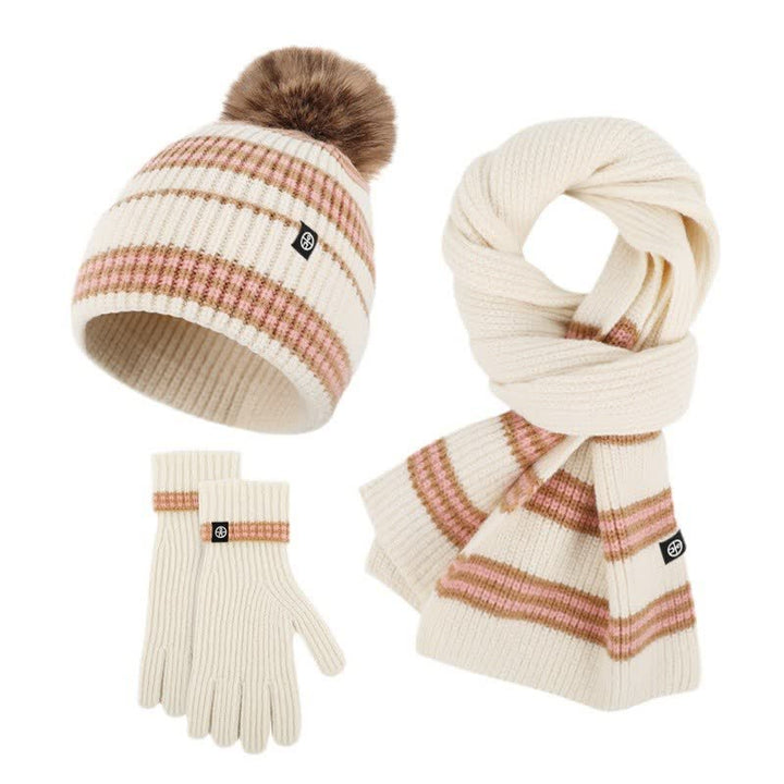 Conjunto de 3 guantes y bufanda de punto con bola de pelo y estampado de rayas unisex