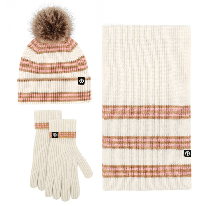 Conjunto de 3 guantes y bufanda de punto con bola de pelo y estampado de rayas unisex