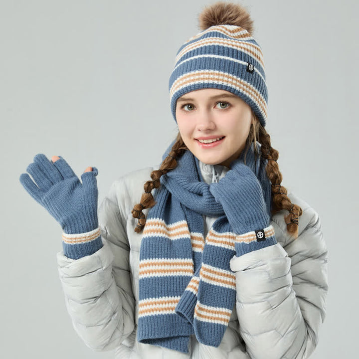 Conjunto de 3 guantes y bufanda de punto con bola de pelo y estampado de rayas unisex