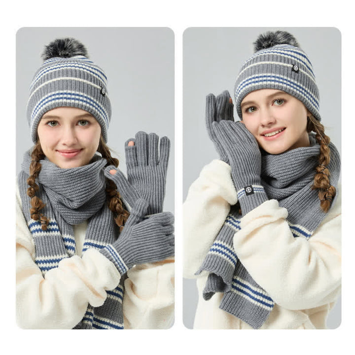 Conjunto de 3 guantes y bufanda de punto con bola de pelo y estampado de rayas unisex