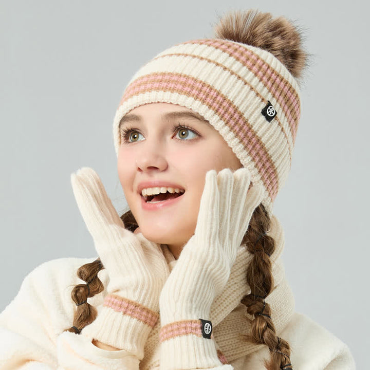 Conjunto de 3 guantes y bufanda de punto con bola de pelo y estampado de rayas unisex
