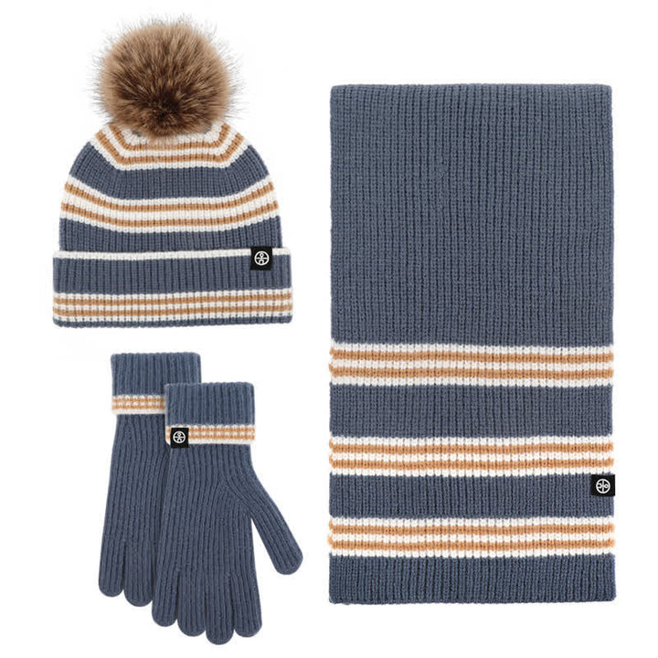 Conjunto de 3 guantes y bufanda de punto con bola de pelo y estampado de rayas unisex