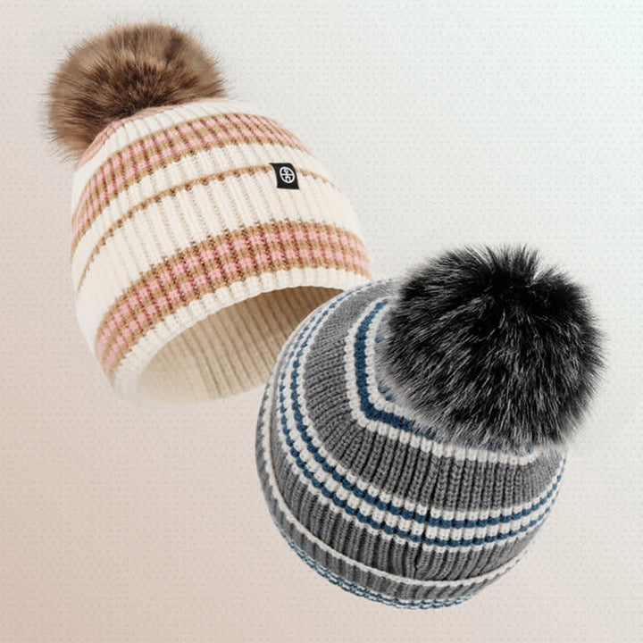 Conjunto de 3 guantes y bufanda de punto con bola de pelo y estampado de rayas unisex