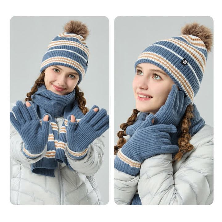 Conjunto de 3 guantes y bufanda de punto con bola de pelo y estampado de rayas unisex