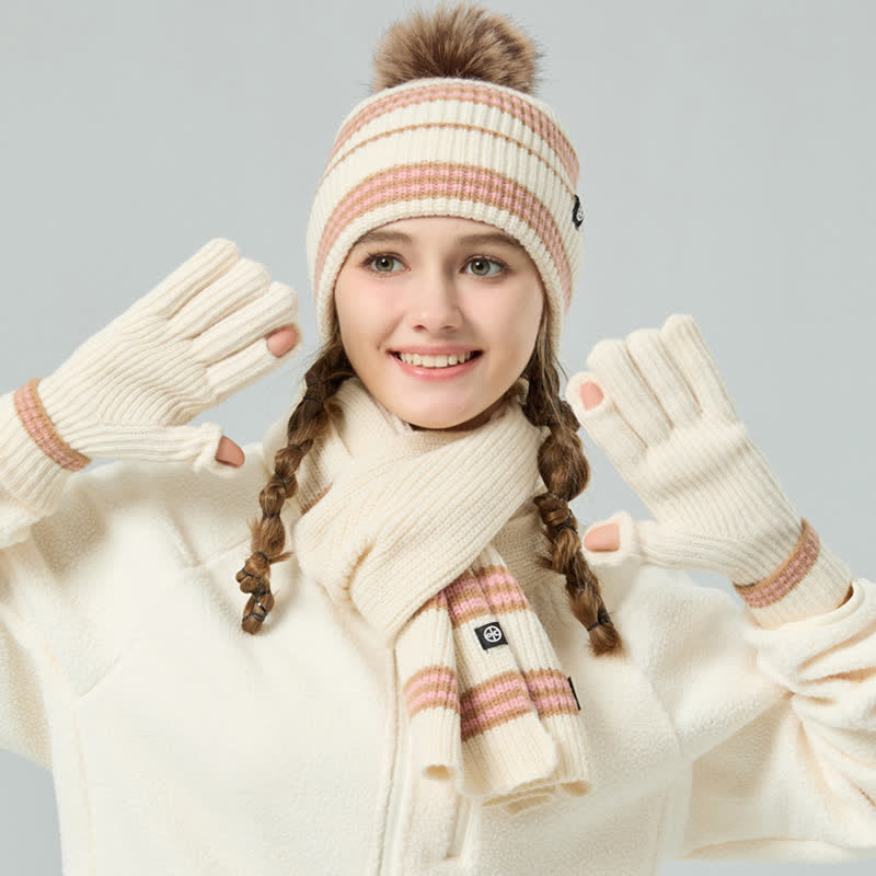 Conjunto de 3 guantes y bufanda de punto con bola de pelo y estampado de rayas unisex