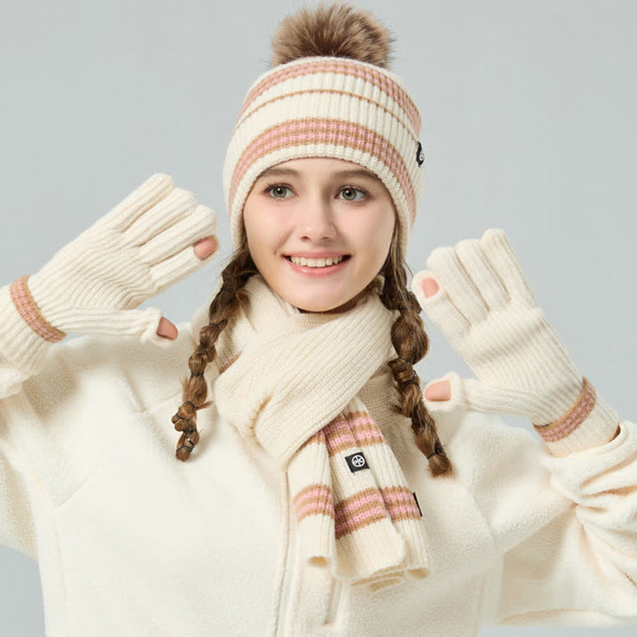 Conjunto de 3 guantes y bufanda de punto con bola de pelo y estampado de rayas unisex