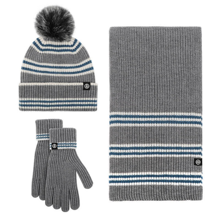 Conjunto de 3 guantes y bufanda de punto con bola de pelo y estampado de rayas unisex