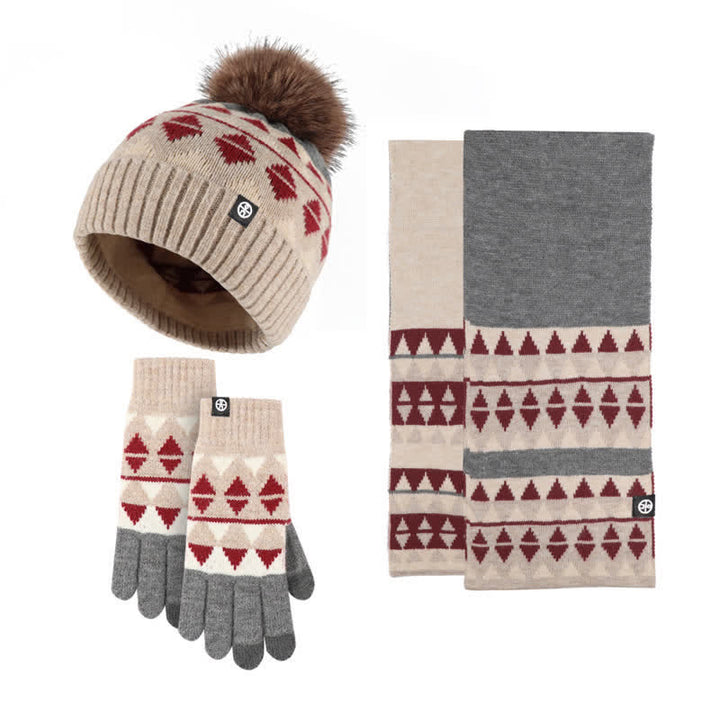 Conjunto de 3 guantes y bufanda de punto con pompón de piel y diseño triangular unisex