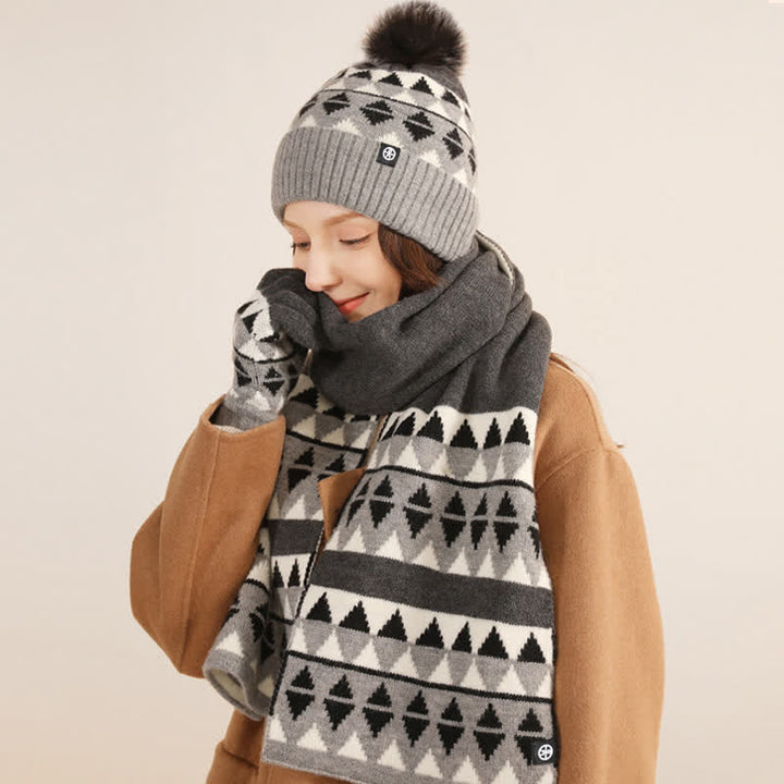 Conjunto de 3 guantes y bufanda de punto con pompón de piel y diseño triangular unisex