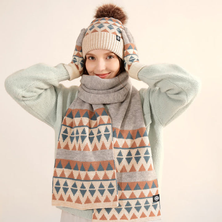 Conjunto de 3 guantes y bufanda de punto con pompón de piel y diseño triangular unisex