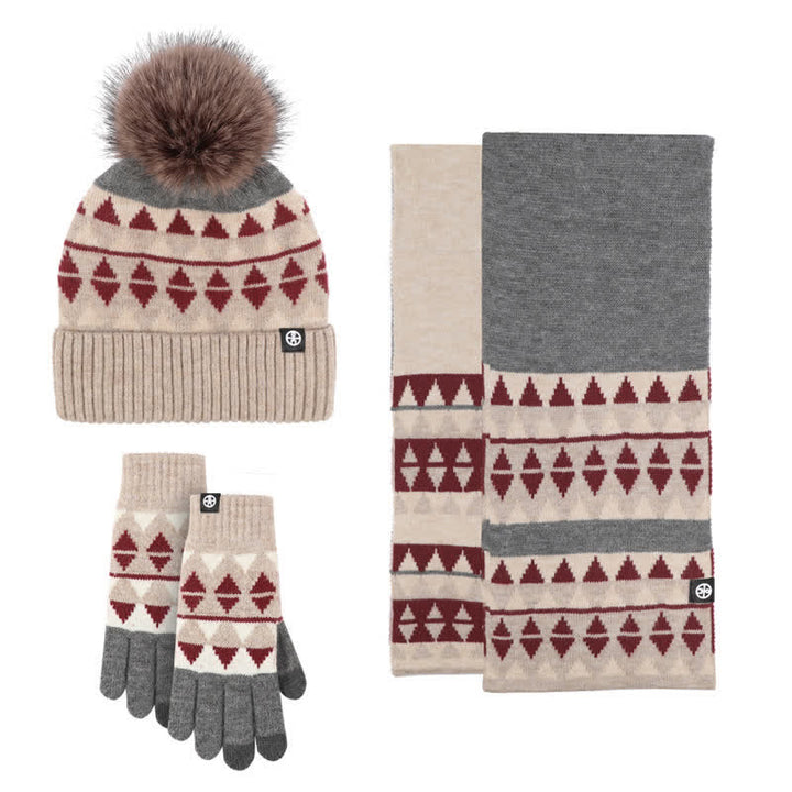 Conjunto de 3 guantes y bufanda de punto con pompón de piel y diseño triangular unisex
