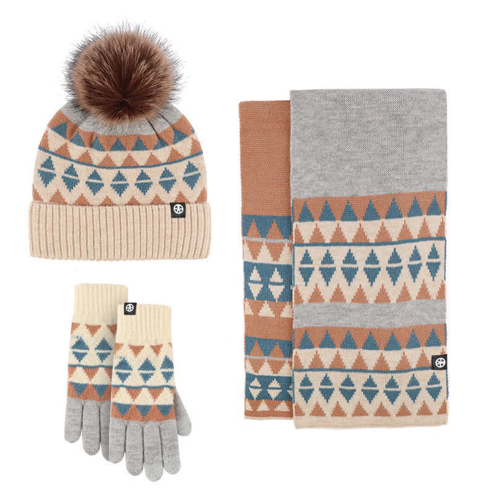 Conjunto de 3 guantes y bufanda de punto con pompón de piel y diseño triangular unisex