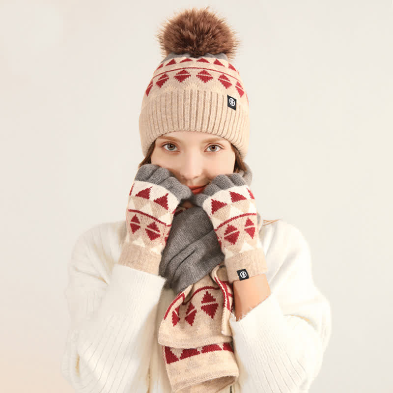 Conjunto de 3 guantes y bufanda de punto con pompón de piel y diseño triangular unisex