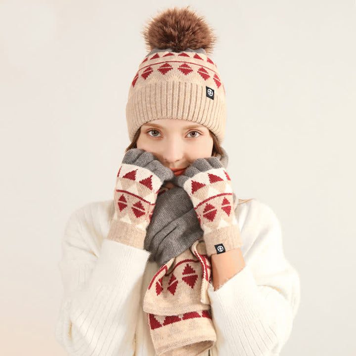 Conjunto de 3 guantes y bufanda de punto con pompón de piel y diseño triangular unisex