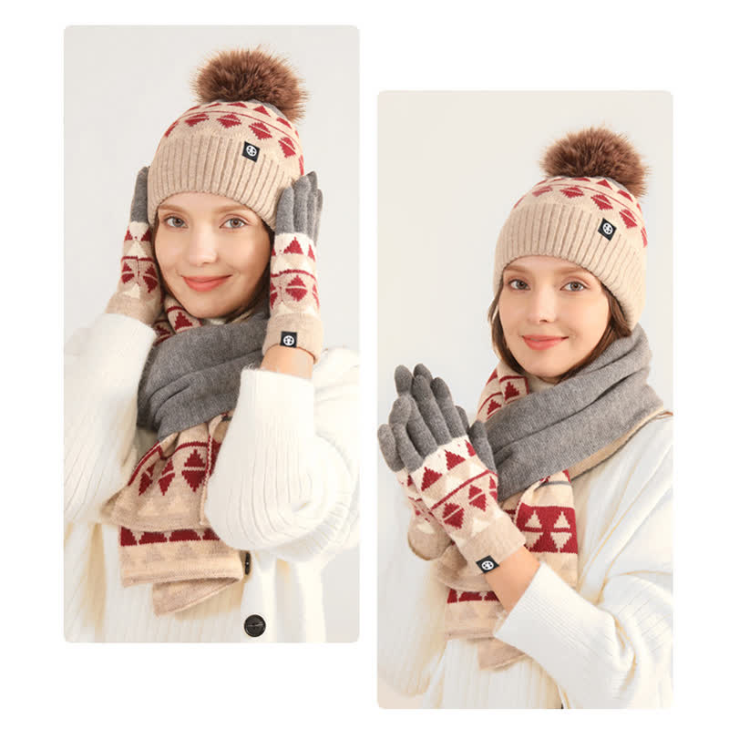 Conjunto de 3 guantes y bufanda de punto con pompón de piel y diseño triangular unisex