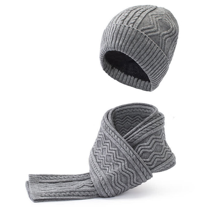Conjunto de 2 guantes y gorro de punto unisex de color sólido en jacquard
