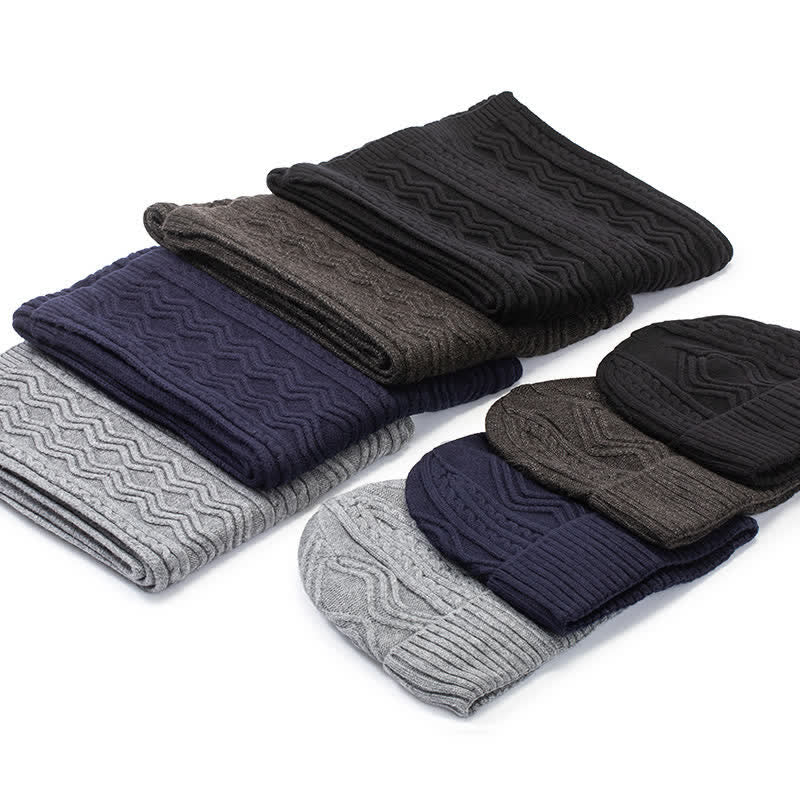 Conjunto de 2 guantes y gorro de punto unisex de color sólido en jacquard