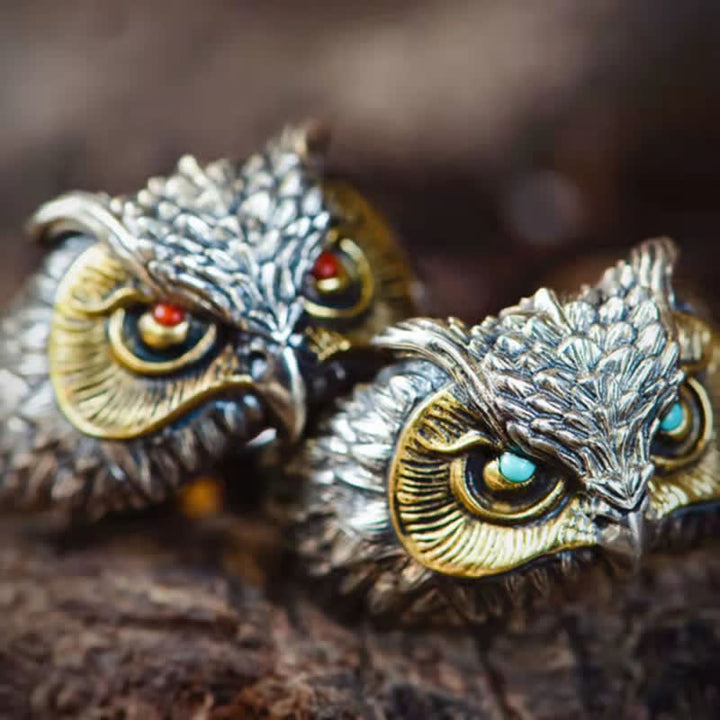Anillo ajustable con apertura de animal de búho realista para hombre