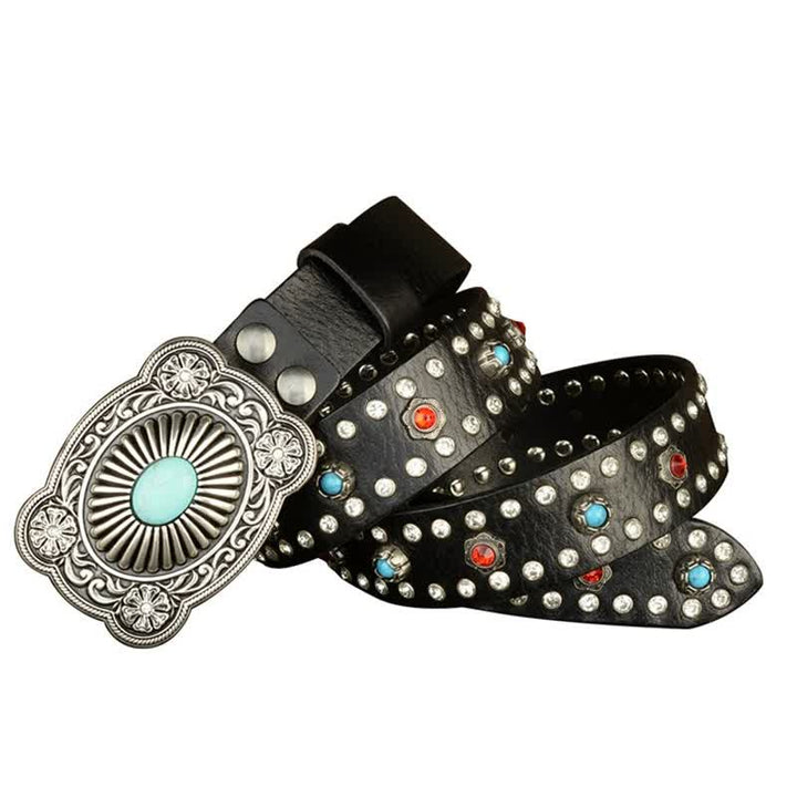 Cinturón de cuero negro retro con remaches de gemas rojas y azules de estilo gótico