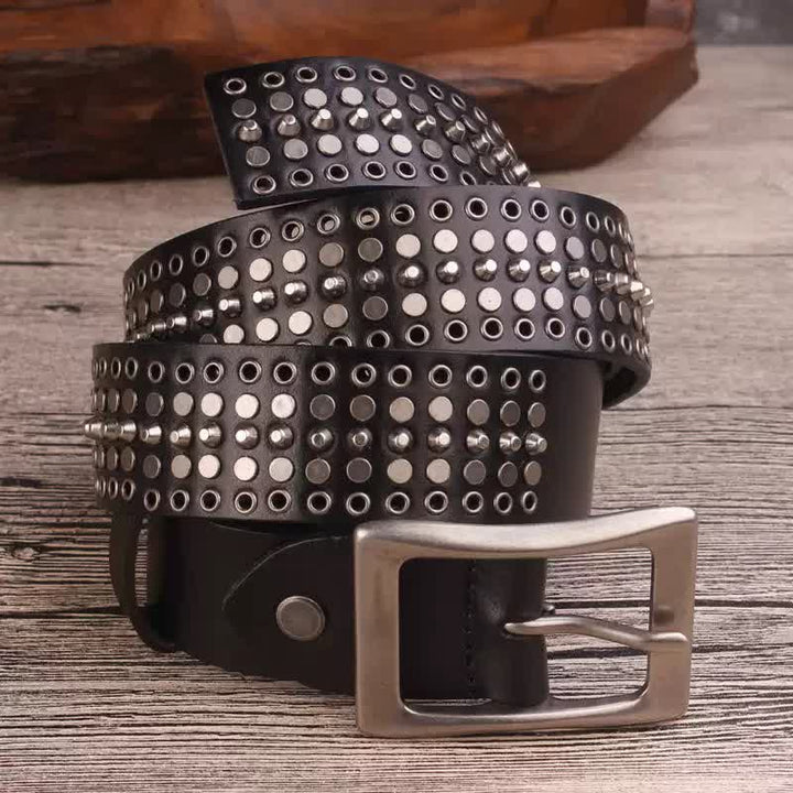 Cinturón de cuero con remaches tachonados de cinco filas de plata Rock