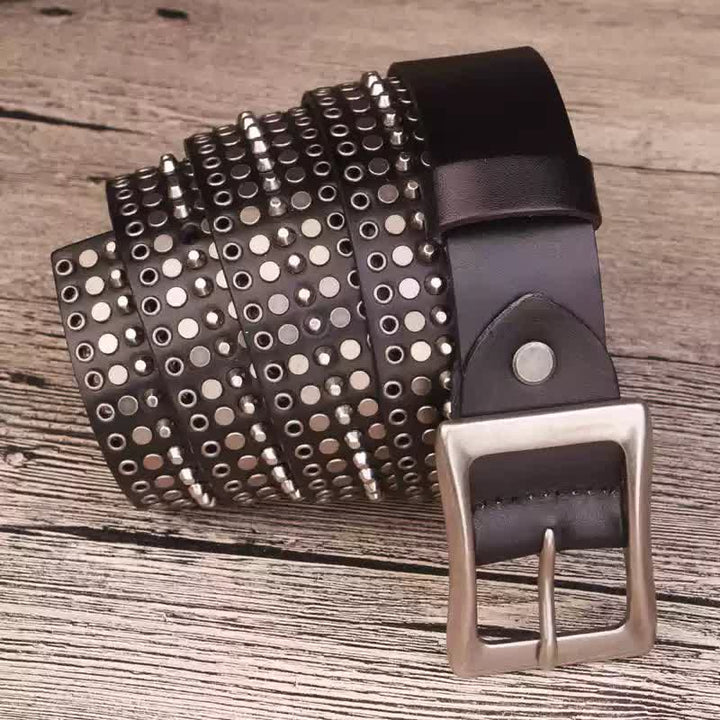 Cinturón de cuero con remaches tachonados de cinco filas de plata Rock