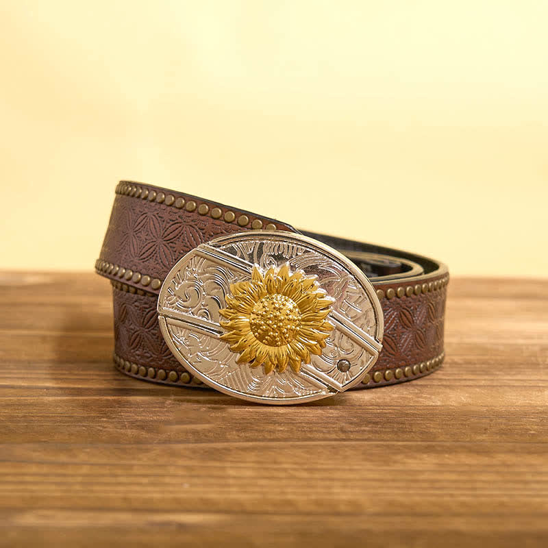 Cinturón de cuero con navaja plegable oculta con diseño de girasol dorado y plateado para hombre