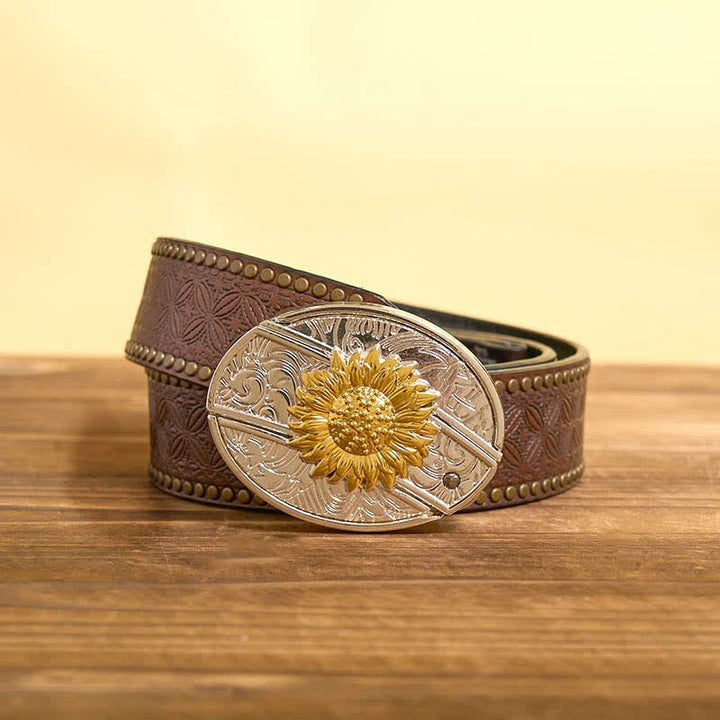 Cinturón de cuero con navaja plegable oculta con diseño de girasol dorado y plateado para hombre
