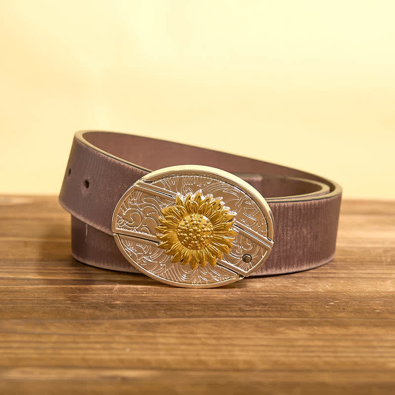 Cinturón de cuero con navaja plegable oculta con diseño de girasol dorado y plateado para hombre