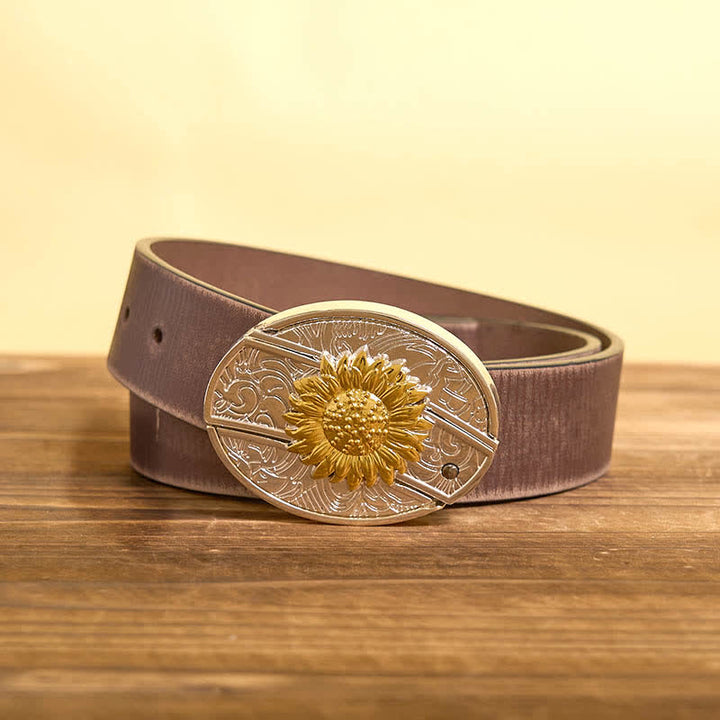 Cinturón de cuero con navaja plegable oculta con diseño de girasol dorado y plateado para hombre