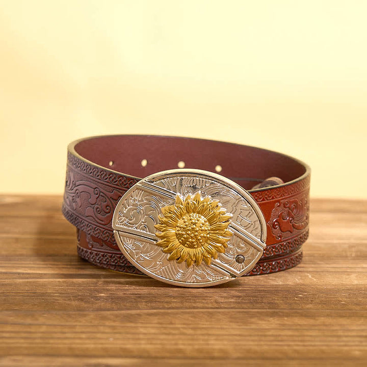 Cinturón de cuero con navaja plegable oculta con diseño de girasol dorado y plateado para hombre