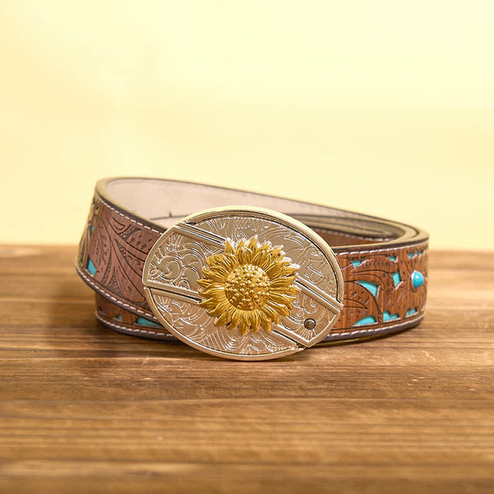 Cinturón de cuero con navaja plegable oculta con diseño de girasol dorado y plateado para hombre