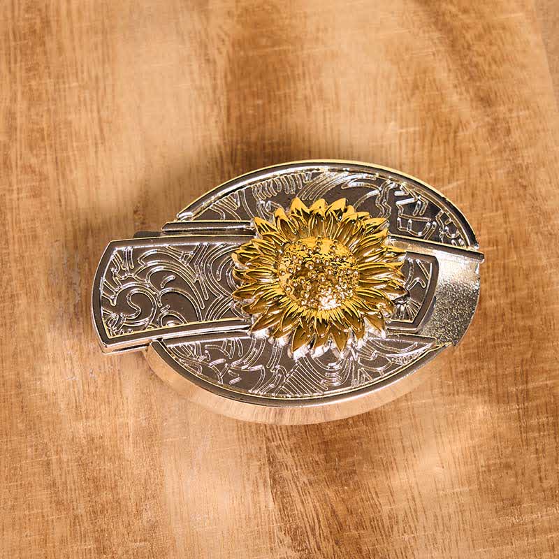 Cinturón de cuero con navaja plegable oculta con diseño de girasol dorado y plateado para hombre