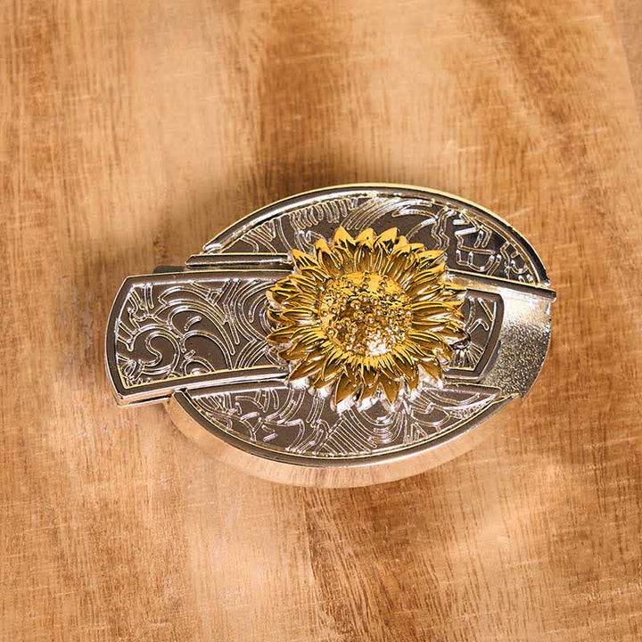 Cinturón de cuero con navaja plegable oculta con diseño de girasol dorado y plateado para hombre