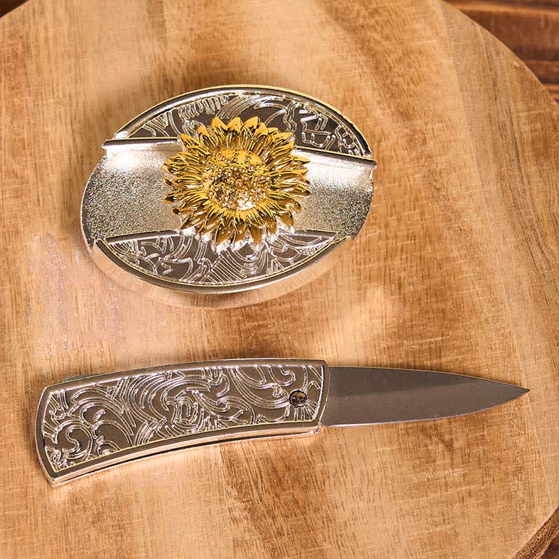 Cinturón de cuero con navaja plegable oculta con diseño de girasol dorado y plateado para hombre