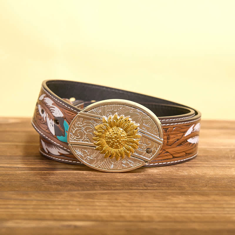 Cinturón de cuero con navaja plegable oculta con diseño de girasol dorado y plateado para hombre