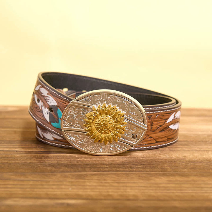 Cinturón de cuero con navaja plegable oculta con diseño de girasol dorado y plateado para hombre