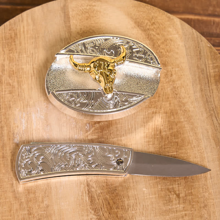 Cinturón de cuero con navaja plegable oculta de toro dorado y plateado para hombre