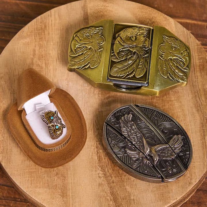 Juego de hebilla de cinturón con encendedor y anillo con temática de águila para armar uno mismo