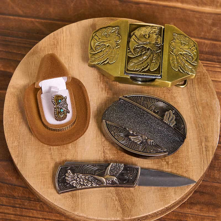 Juego de hebilla de cinturón con encendedor y anillo con temática de águila para armar uno mismo