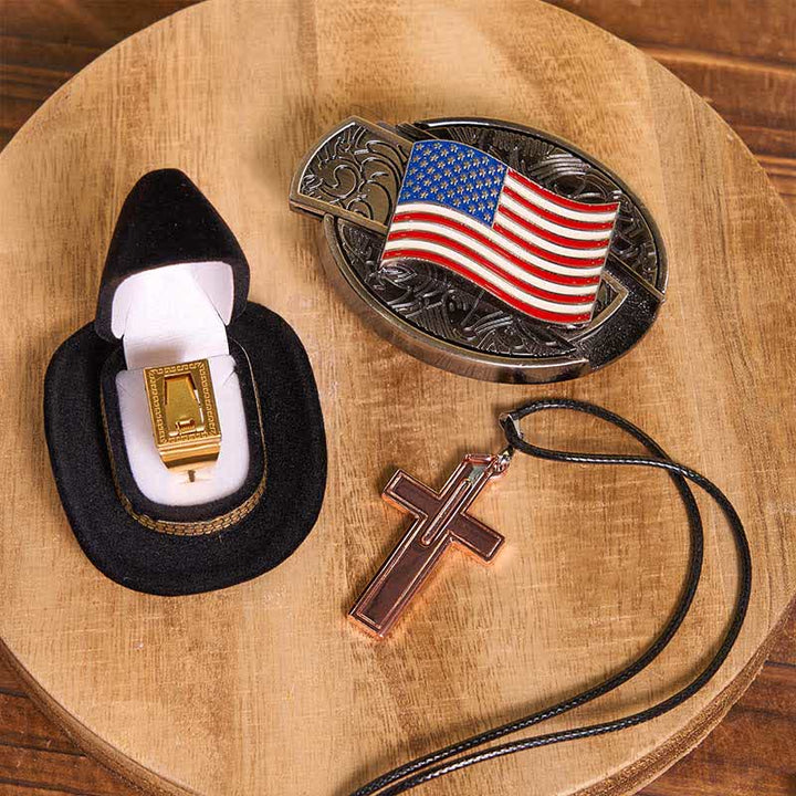 Conjunto de collar con anillo y hoja con hebilla de cinturón y cuchillo oculto con bandera estadounidense DIY