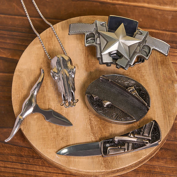 Conjunto de encendedor de queroseno con hebilla de cinturón y colgante de anillo de toro con cuchillo oculto y pistolas DIY
