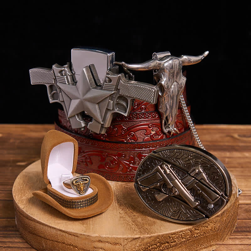 Conjunto de encendedor de queroseno con hebilla de cinturón y colgante de anillo de toro con cuchillo oculto y pistolas DIY - Armas duales - Cinturón tallado marrón - 42 - image 8