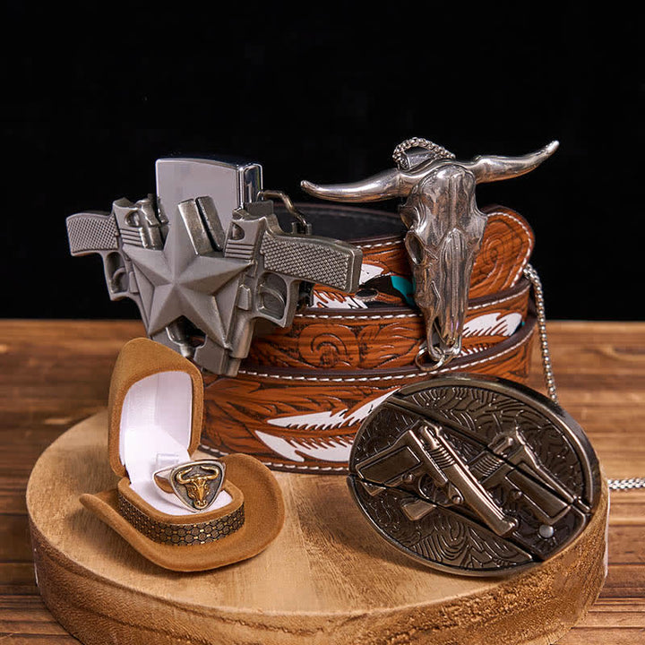 Conjunto de encendedor de queroseno con hebilla de cinturón y colgante de anillo de toro con cuchillo oculto y pistolas DIY - Armas duales - Cinturón de plumas marrones - 40 - image 0
