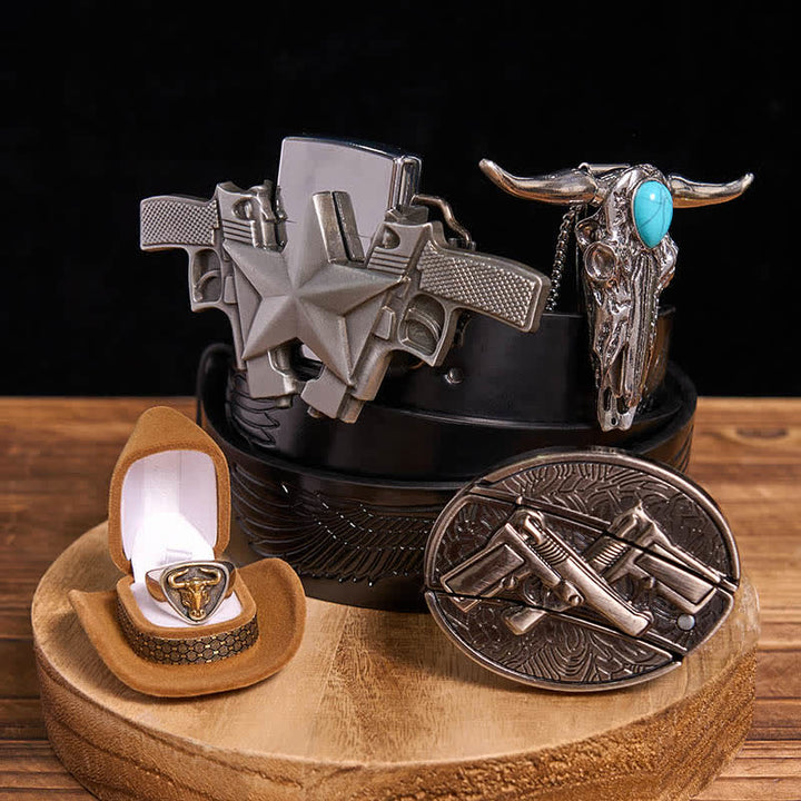 Juego de colgante de toro turquesa con arma, cuchillo oculto, hebilla de cinturón, anillo y encendedor