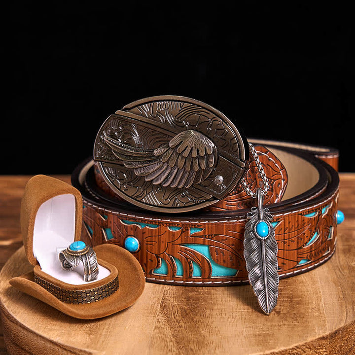 Conjunto de collar y anillo con pluma turquesa y hebilla de cinturón con cuchillo oculto de alas angulares